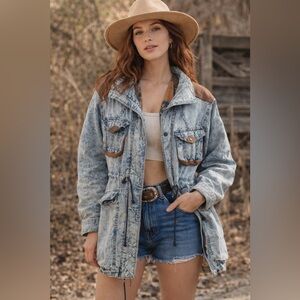 Vintage 90s Learsi Acid Wash Denim Utility Jacket Leather Trim Aztec Lining